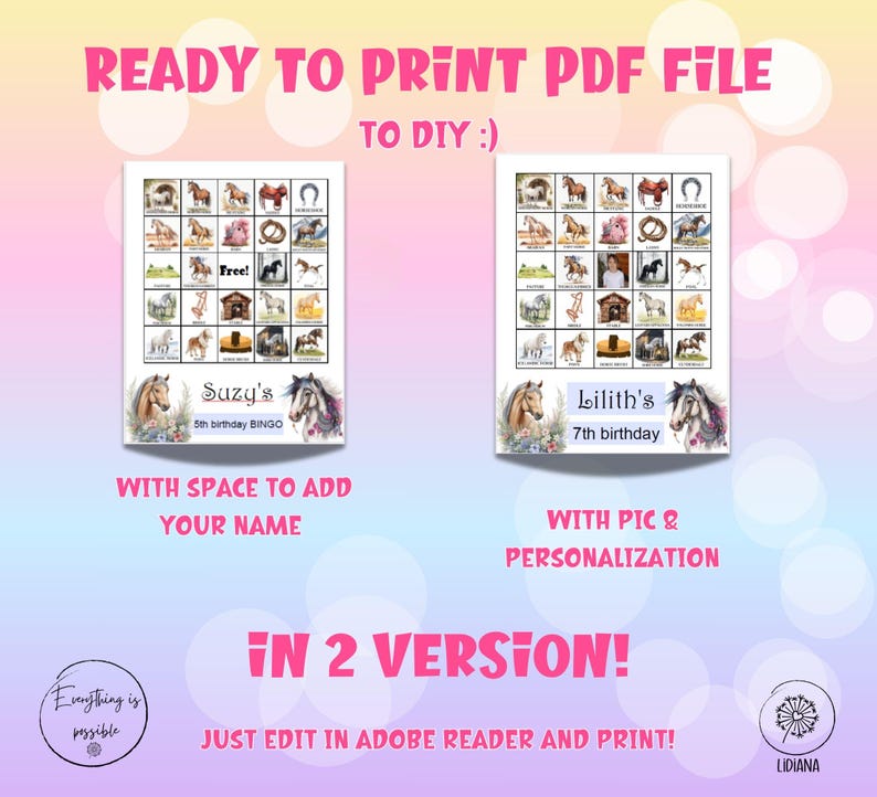 Personalized Horse Bingo Game: 50 DIY Birthday Cards (digital Download ...