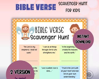Può includere: Una colorata caccia al tesoro di versetti biblici stampabile per bambini. Il design presenta il testo "Bible Verse Scavenger Hunt for Kids" e include illustrazioni di angeli e Gesù. Sono visibili anche le parole "Download istantaneo" e "2 Version to print".