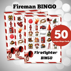 Gioco del bingo del camion dei pompieri stampabile per la festa di compleanno del ragazzo, gioco della festa dei pompieri per bambini, bingo del pompiere, carte del bingo per la scuola materna