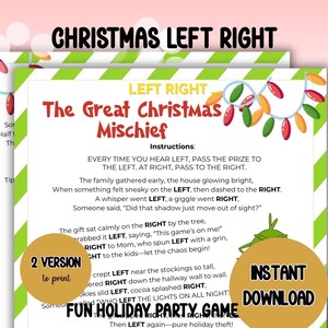 May include: A printable Christmas party game titled "The Great Christmas Mischief" with instructions. The design features a green and white striped border, Christmas lights, and text that reads "Instant Download" and "2 Version to print".