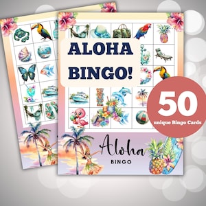 Gioco Aloha Bingo - 50 cartelle bingo per ragazze, serata giochi, compleanno hawaiano Luau, attività estiva