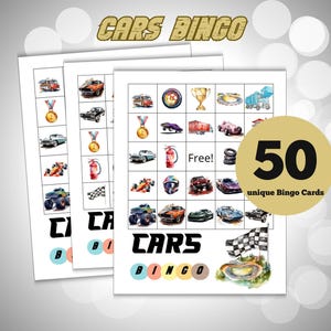 Autobingo voor jongen verjaardagsfeestje, bouwbingo voor kinderen, raceautobingospel, bingo, 50 voertuigen afdrukbare voorschoolse bingokaarten