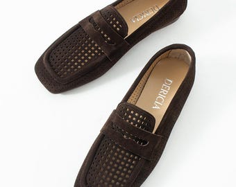 Vision Echte Braune Wildleder Loafers für Damen - Lasergeschnittene Lederpantoffeln, Bequeme Freizeitschuhe