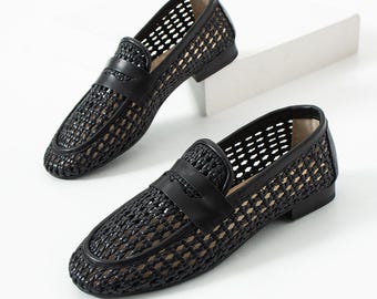 Mocasines de piel trenzada negra Royal para mujer, zapatos sin cordones hechos a mano, bailarinas de piel trenzada, zapatos cómodos de verano, estilo minimalista y elegante.