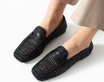 Damskie baleriny z dzianiny w kolorze karmazynowym, z prawdziwej czarnej skóry