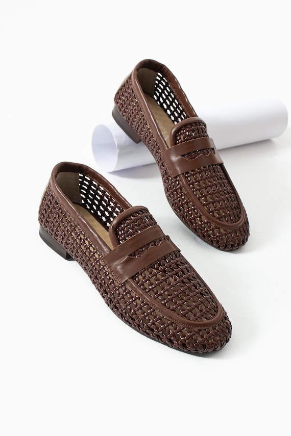 Royal Brown Woven Leather Loafers Women, Handmade Slip On Shoes, Braided Leather Flats, Comfortable Summer Shoes, Minimalist Elegant Style