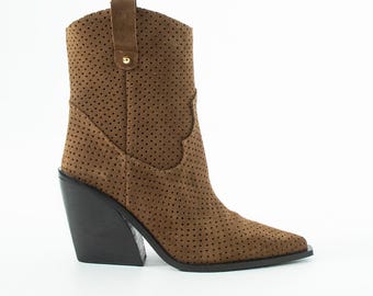 Marvella Genuine Suede Perforated Ankle Boots for Women – Western Style Wedge Heel Booties