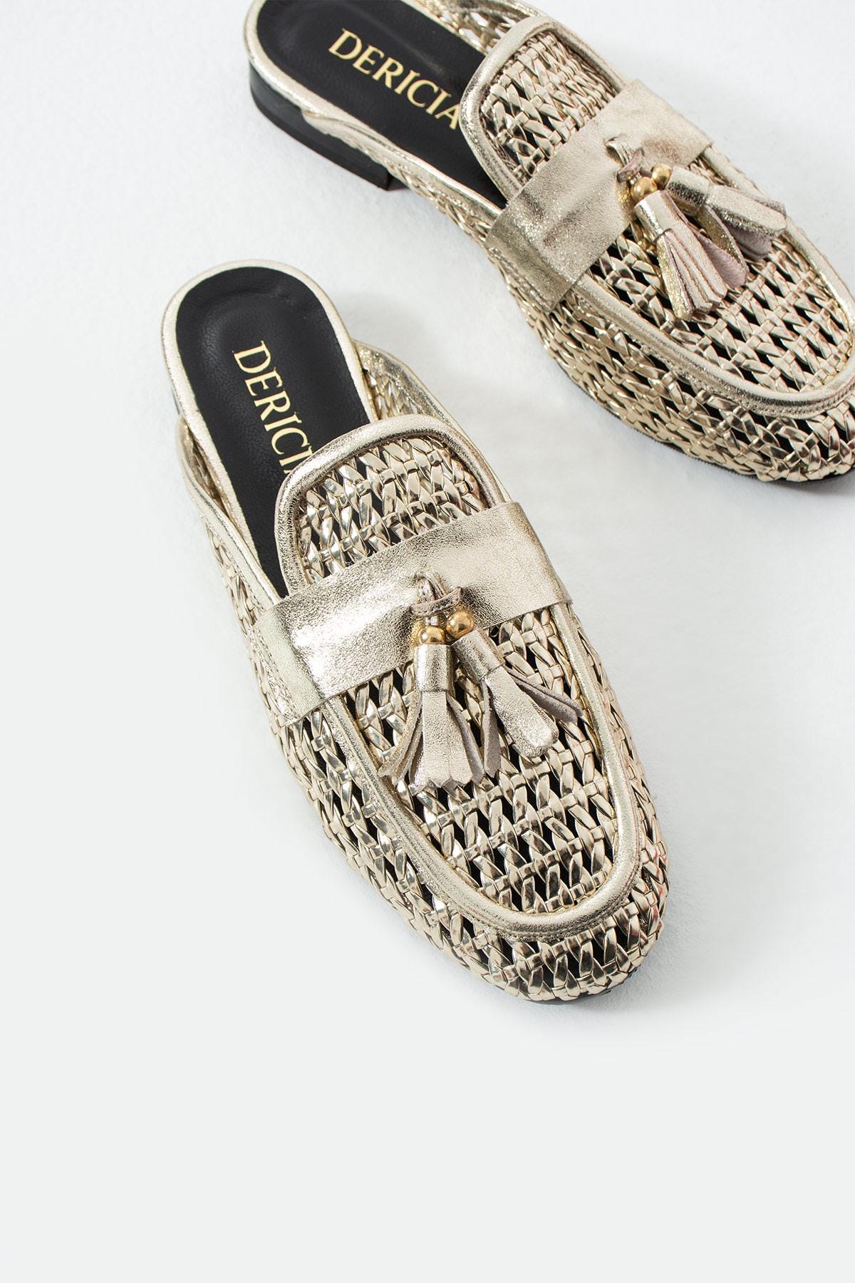 Fable Gold Woven Leather Mule Loafers: Tassel Detail Slip-On Flats for Women