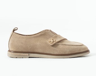 Glamour Beige Suede Loafers Women, Genuine Leather Slip On Shoes, Minimalist Office Style