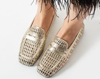 Crimson Genuine Gold Leather Women's Casual Knitted Ballet Flats