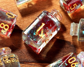 Clear Resin Potion Dice Set, Crimson Drop Vial, Ancient Alchemist Sample, RPG Gift D20