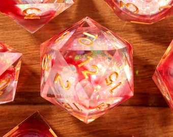 Pink White Sparkle Liquid Core Dice Set, Sakura Shimmer Sharp Edge Resin TTRPG