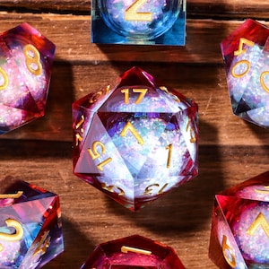 Red Blue Dual Color Liquid Core Dice, Sparkling Quicksand Set, Gold Number Sharp Edge Resin, DND RPG Gift