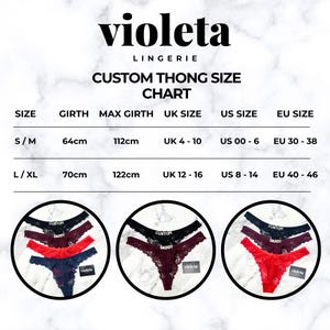 May include: A size chart for Violeta Lingerie custom thongs, displaying girth measurements in centimetres and corresponding UK, US, and EU sizes. Below the chart are three circular images showing black, burgundy, and red lace thongs with text.