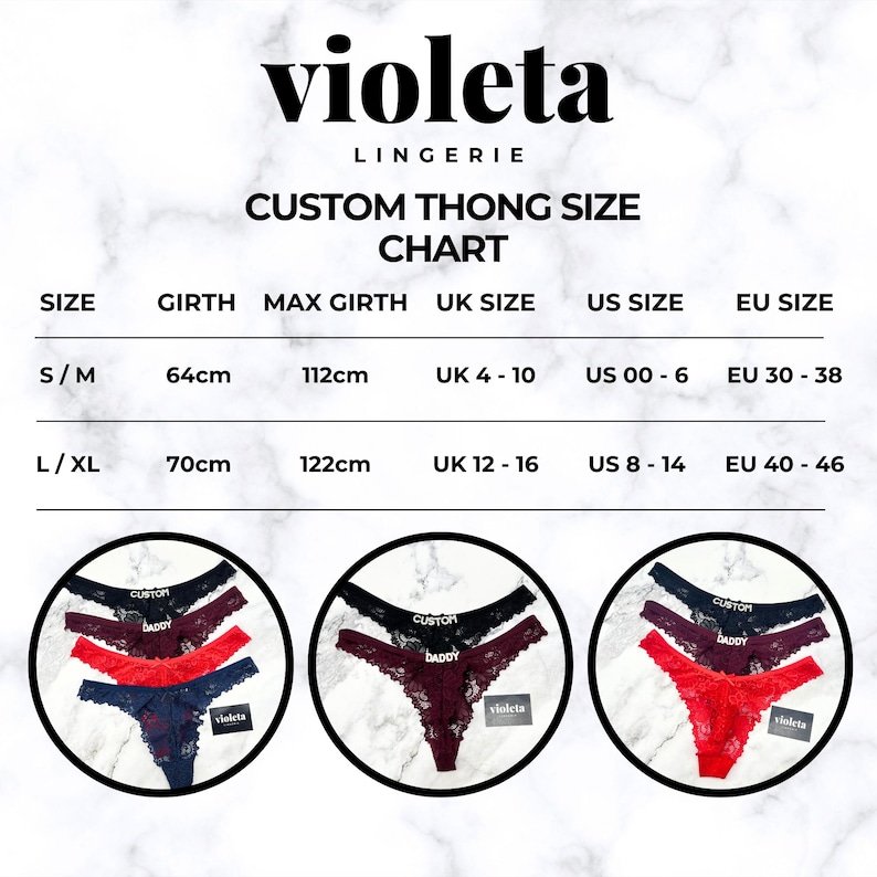 May include: A size chart for Violeta Lingerie custom thongs, displaying girth measurements in centimetres and corresponding UK, US, and EU sizes. Below the chart are three circular images showing black, burgundy, and red lace thongs with text.