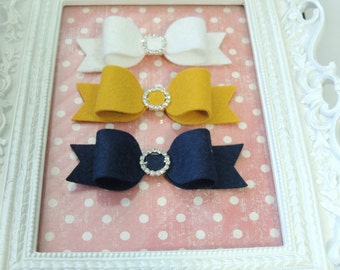 3 Large Wool Felt Bows with Rhinestone ( Nautical Wave )