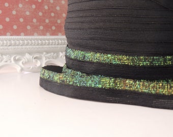 5/8" Inch Fold Over Elastic - 5 Yards Black and Green Sparkle  FOE (Limited Edition)