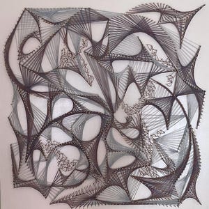 May include: Abstract string art piece with a complex geometric design. The artwork features a network of gray and brown threads stretched across a white background, creating a textured, three-dimensional effect. Small metallic pins secure the threads, highlighting the intricate patterns.