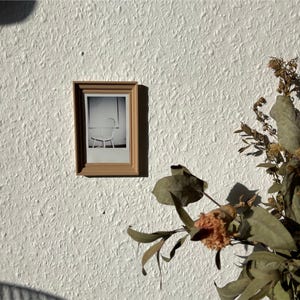 May include: A small, rectangular, light brown framed photograph of a white chair against a white background. The photograph is mounted on a textured white wall. Dried flowers and leaves are in the foreground.