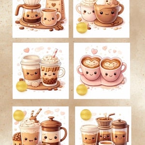 Peut inclure: Six illustrations de thèmes liés au café, chacune représentant différentes boissons. Les images incluent des lattes, des cappuccinos et du café filtre, tous avec des visages souriants et charmants. La palette de couleurs est douce, avec des bruns, des crèmes et des roses.