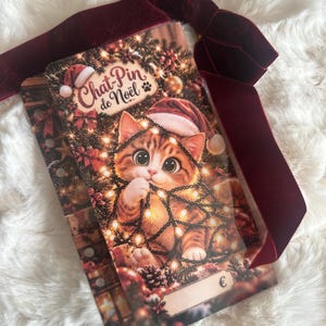 Può includere: Una carta espositiva rettangolare con un gattino che indossa un cappello da Babbo Natale ed è avvolto in luci natalizie, con il testo Chat-Pin de Noël. La carta è decorata con un grande fiocco in velluto rosso scuro nella parte superiore.