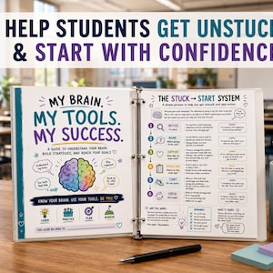 May include: An open three-ring binder displaying educational pages titled My Brain, My Tools, My Success and The Stuck to Start System. The pages feature colorful illustrations of a brain, icons, and text guides for students on a wooden desk.