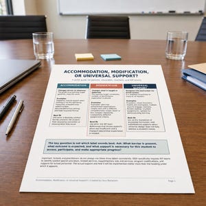 May include: A white printed document titled Accommodation, Modification, or Universal Support? featuring a comparison table with three columns, text descriptions, and a concluding question, placed on a wooden conference table with pens.