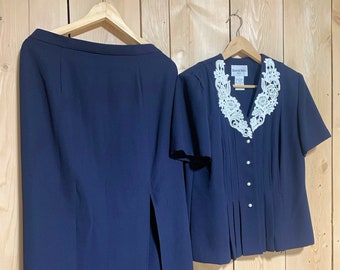 Navy Blue Suit, Jacket & Skirt, Lace Collar, Danny and Nicole, Short Sleeve, Size 14