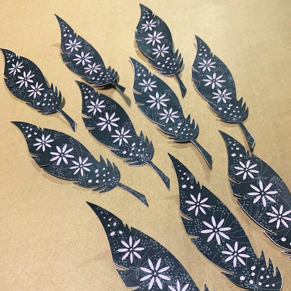 10 pc Handmade Paper Feathers, Double Layered, Intricate Design, Navy Blue