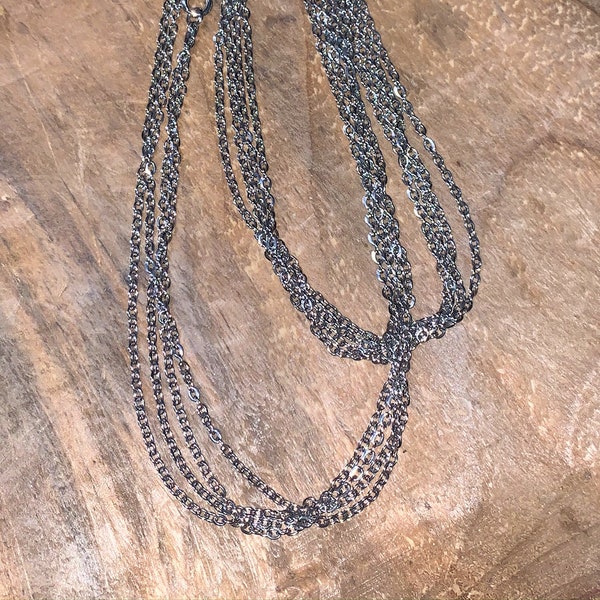 Extra Long Double Chain Necklace, 26 inch long, Bronzed Silver Metal, Estate Jewelry