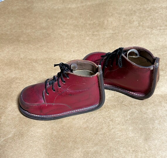 Vintage Red Leather Kids Shoes, 1950's High Top B… - image 4