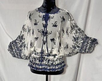 DaNang Batwing Navy and White, BoHo Blouse, Gathered Waist, Tie Neck, Size Large