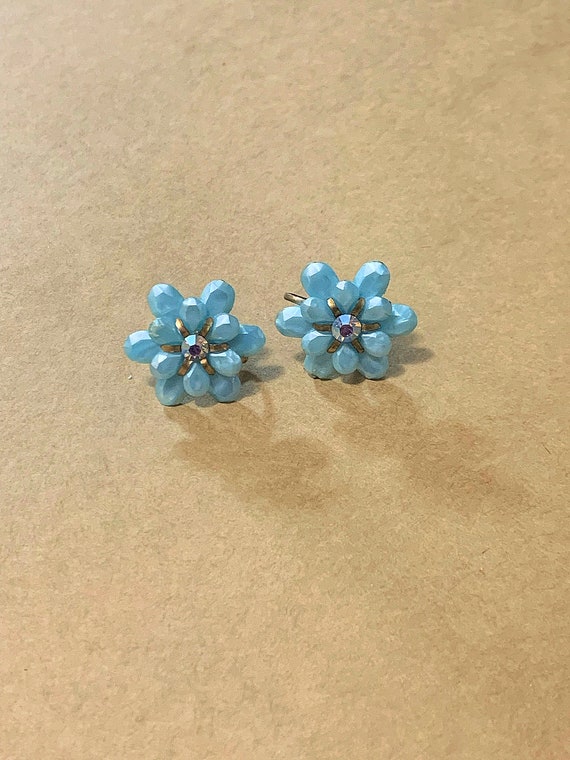 Vintage Blue Flower Earrings, 1970's Earrings, Es… - image 3