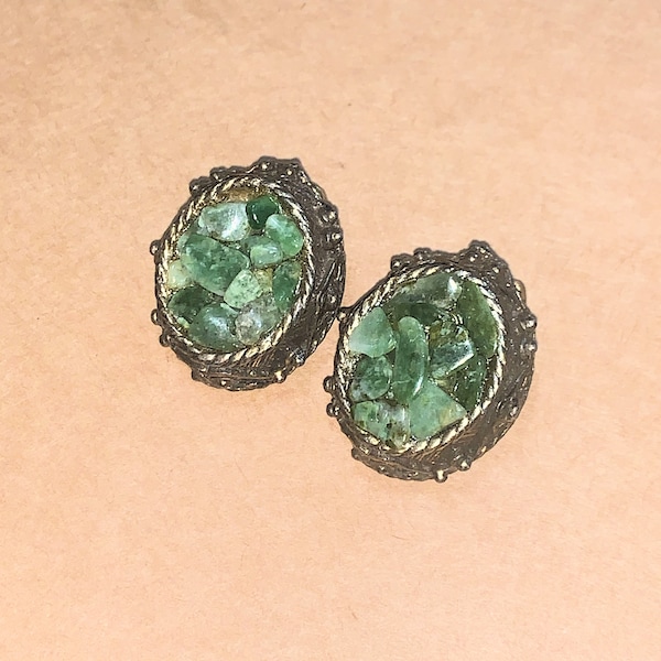 Vintage Basket Style Earrings, Green Stones, Estate Sale Jewelry, 1970's Jewelry