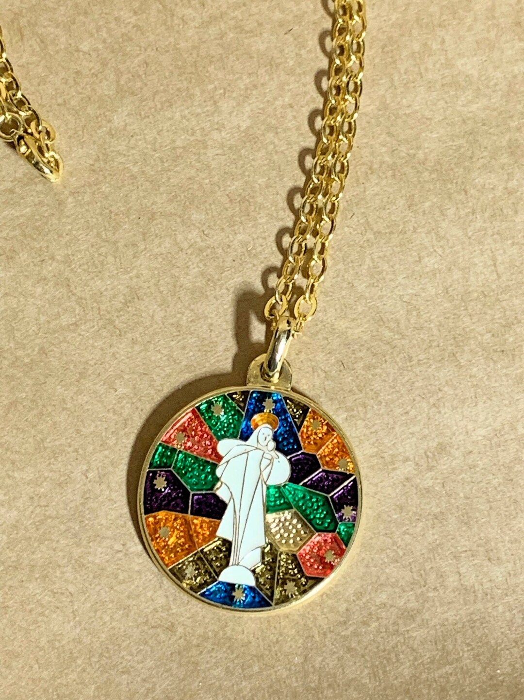 Gold Medallion, Religious Medallion, Stained Glass Medallion, 14 Inch