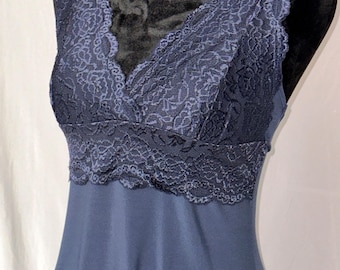 Vintage B. Moss Cocktail Dress from 1990's, Navy Blue, Lace Deep Plunge Bodice, Tie Back, Size Medium