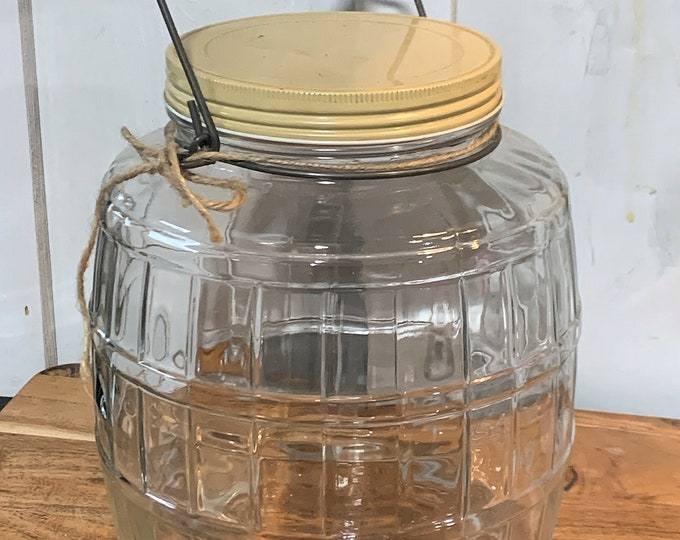 Barrel Glass Jar W/lid and Handle Metal Lid Metal Holder Etsy