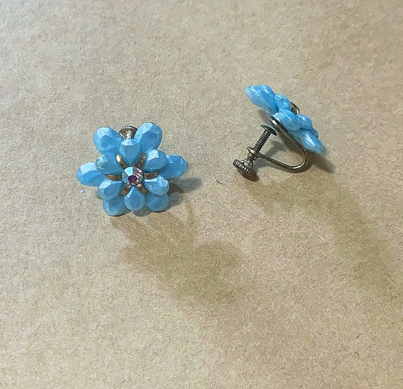 Vintage Blue Flower Earrings, 1970's Earrings, Es… - image 2