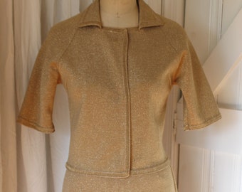 1950's - 1960's RARE Italian Vintage Gold Lame Mod Knit Wool Suit w/ Pencil Skirt and 3/4 Sleeve Jacket Sz Small 6/8 Knits By Thayer