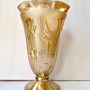 Vintage 1950s Jeannette Iris & Herringbone Iridescent Marigold Peach Carnival Glass 9&quot; Vase Gold Depression Glass