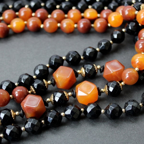 Vintage Chunky Multistrand Marbled Dark Butterscotch Brown Lucite Black Lucite Beaded Long 30” Necklace Original Tags! Carol for Eva Graham