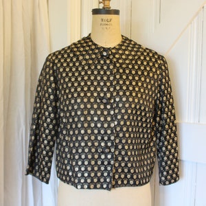 Vintage 1950&#39;s Black & Metallic Gold Lame Floral Brocade Jacket Blazer Brocade Peter Pan Collar 3/4 Sleeves Excellent Condition!  Sz Medium