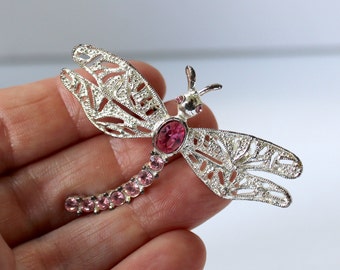 Vintage Dragonfly Brooch Pin 1990's Silver Tone Pink Rhinestones Pink Tourmaline Costume Jewelry