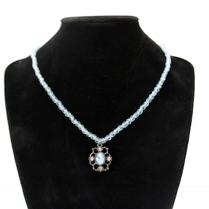 Signed 1928 Jewelry Co. Vintage Beaded Crystal Choker Necklace Baby Blue and Pink Rhinestone Gunmetal Pendant Y2K Early 2000s Adjustable