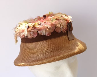 Vintage 1940's - 1950's Millinery Hat Fine Straw Silk and Velvet Pink Flowers Brown Velvet Ribbon WW2 Era New Look Cloche Bonnet Rare!