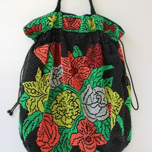 Vintage Candy Dot Caviar Beadette grande BOHO bolso bolso cartera negro brillante volorful floral flor poder cordón & mango 1960s-1970s