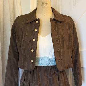 Gorgeous Vintage 1950s Moire Dress Suit. Brown, Ivory and Baby Blue. Excellent Condition! Rockabilly Style! Sz Small.