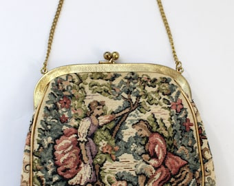 Julius Resnick JR tapestry handbag, 1950s clutch evening bag w/ handle tapestry handbag featuring 18th century courting scene floral brocade