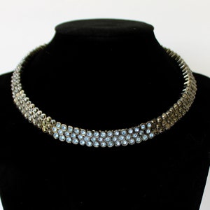 Vintage Y2K Industrial Glam Gunmetal Choker Necklace Light Blue Topaz Rhinestones