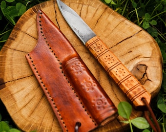 Viking Sun Knife, Handmade Solar Symbol Dagger, Cherry Wood Handle, Leather Sheath Gift